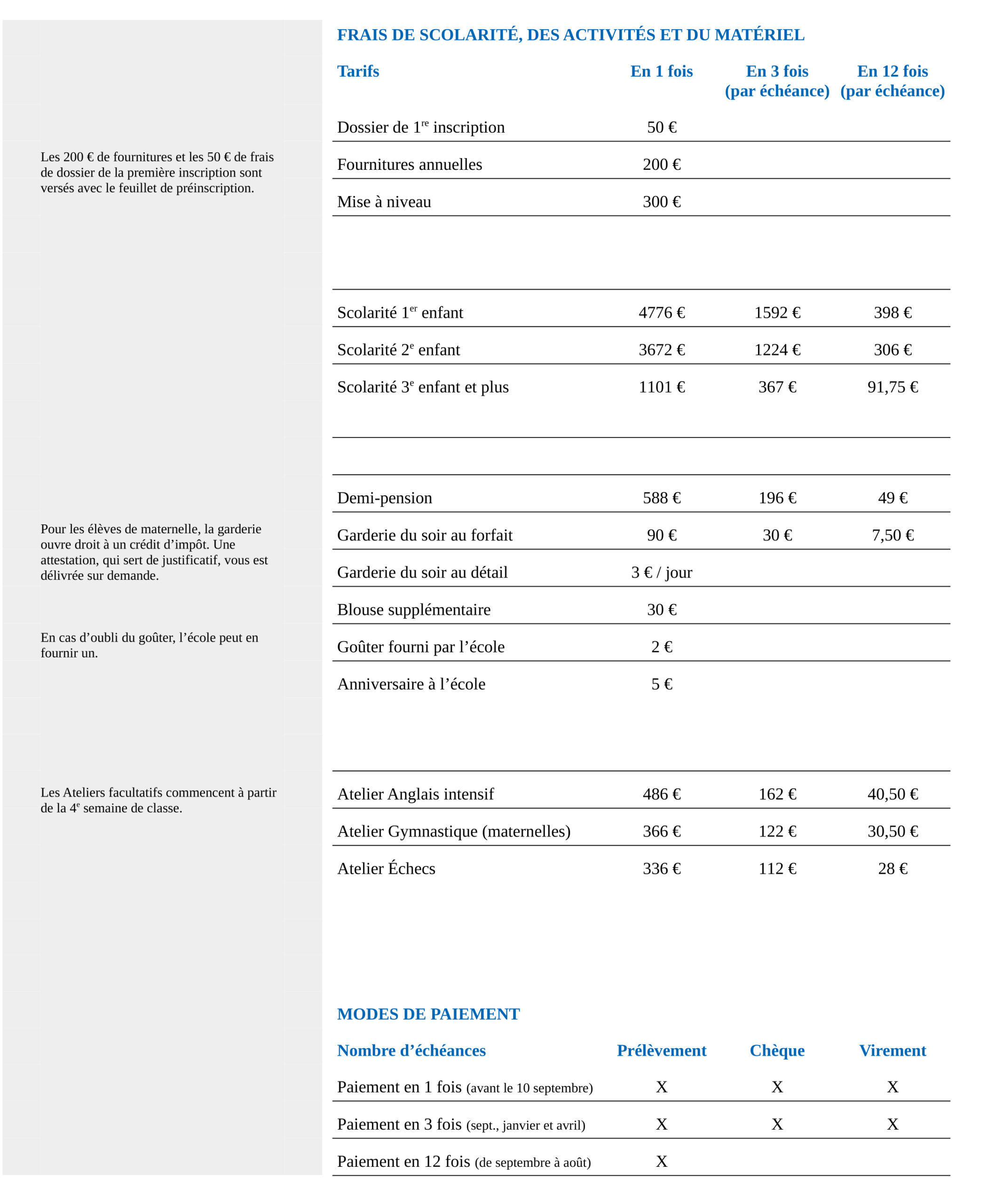 Fiche des tarifs 2026-27
